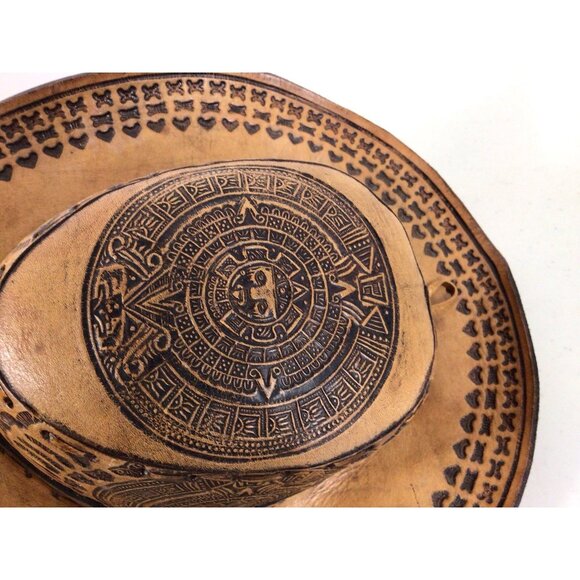 Hand Tooled Leather Cowboy Rancher Hat Western Aztec Style Womens Small - Picture 6 of 8